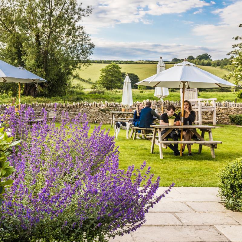 A restaurant’s outdoor garden framed by blooming lavender.